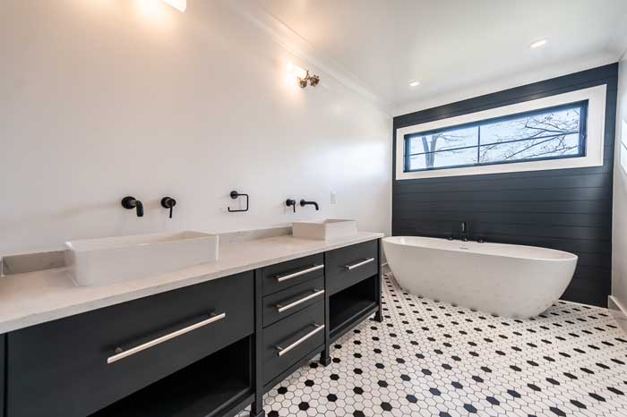 Brand new modern black and white bathroom in Tenafly, New Jersey.