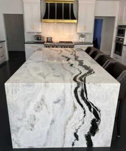 Many high-end kitchen remodels have islands with a waterfall end