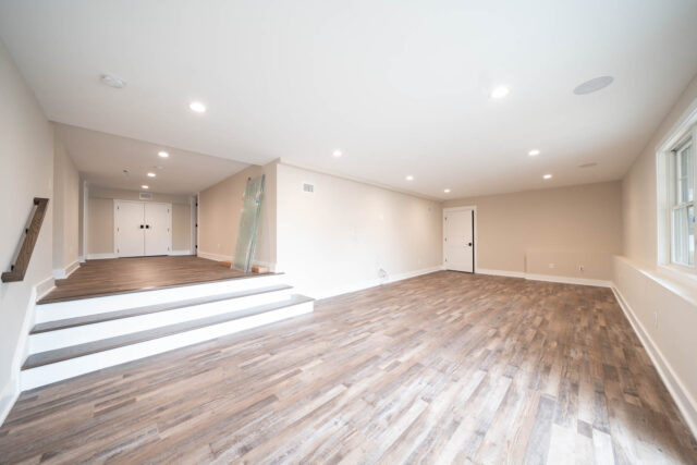 Open floor plan in a finished basement